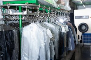 clothing on rack at the dry cleaners